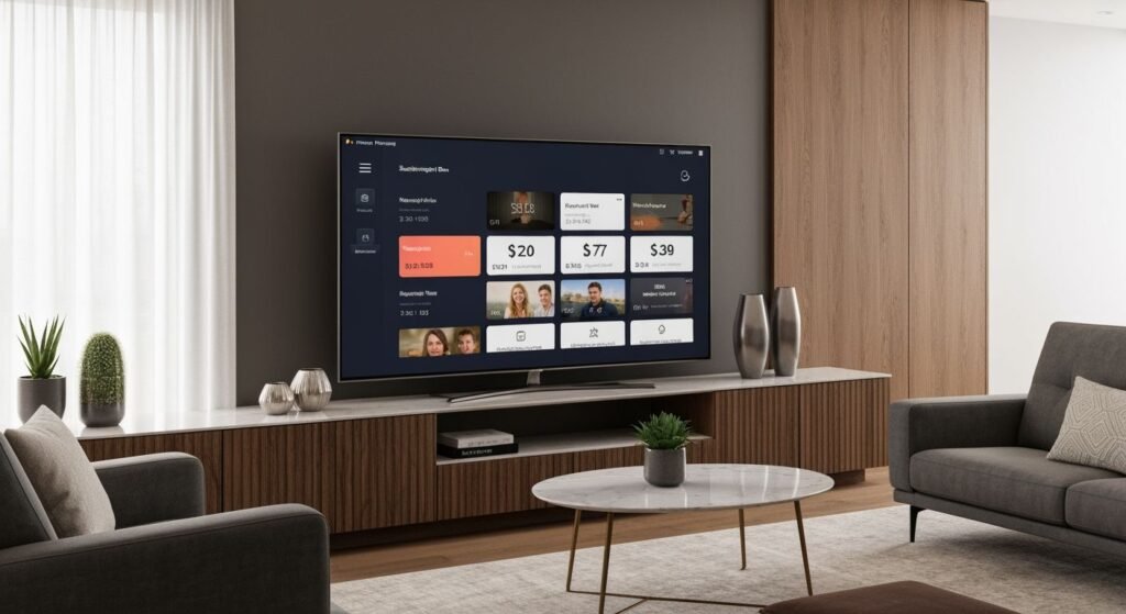 Écran de télévision affichant différents forfaits IPTV avec tarifs et options d'abonnement