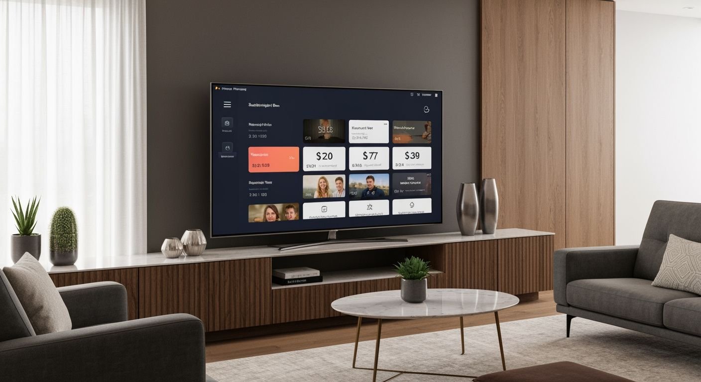 Écran de télévision affichant différents forfaits IPTV avec tarifs et options d'abonnement