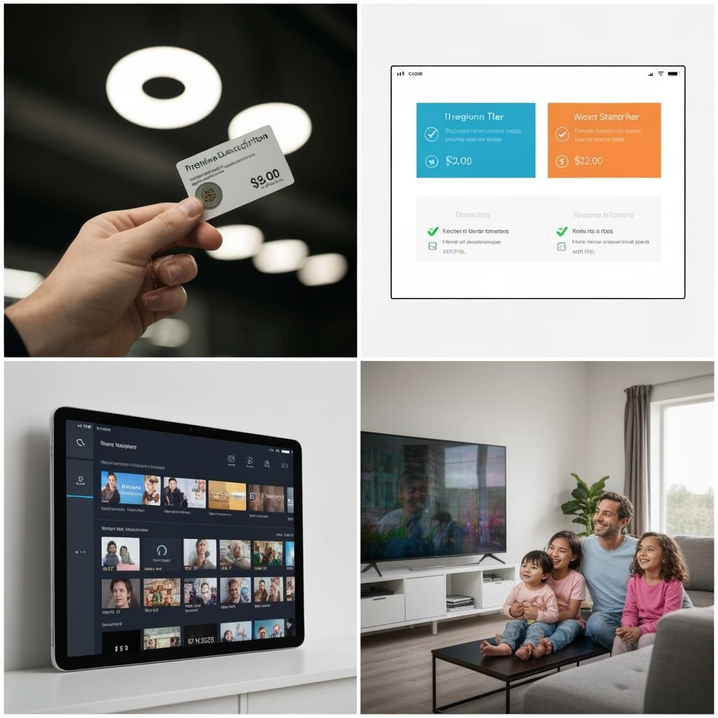 Grille pédagogique : carte d'abonnement, options tarifaires, interface streaming et famille regardant la TV