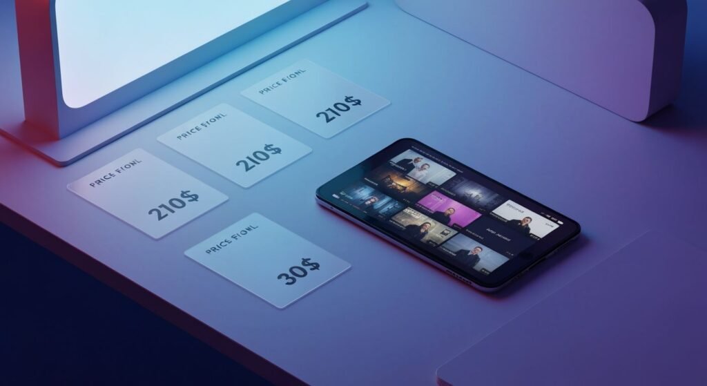 Comparaison de tarifs IPTV : cartes de prix transparentes et interface de streaming sur tablette