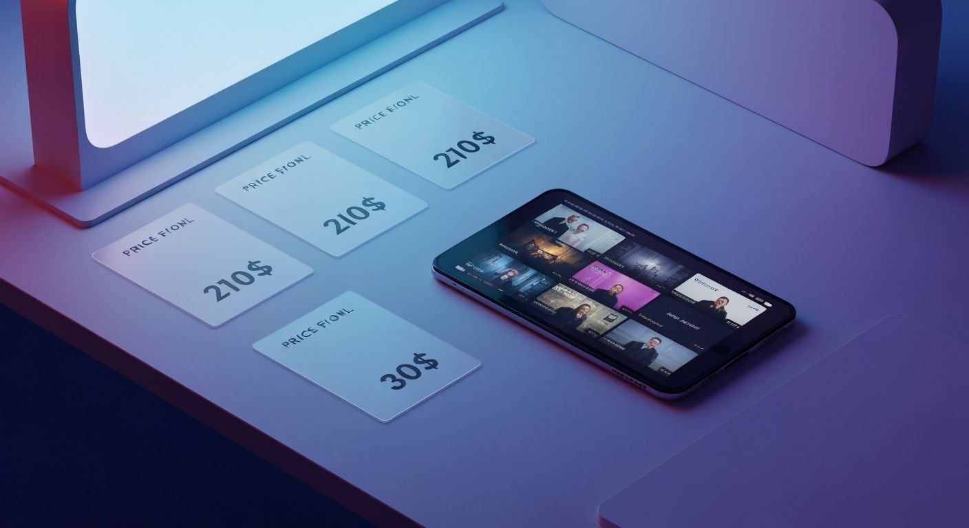 Comparaison de tarifs IPTV : cartes de prix transparentes et interface de streaming sur tablette