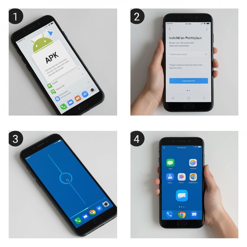 Guide visuel en 4 étapes : gestionnaire de fichiers, permissions, barre de progression et icône installée