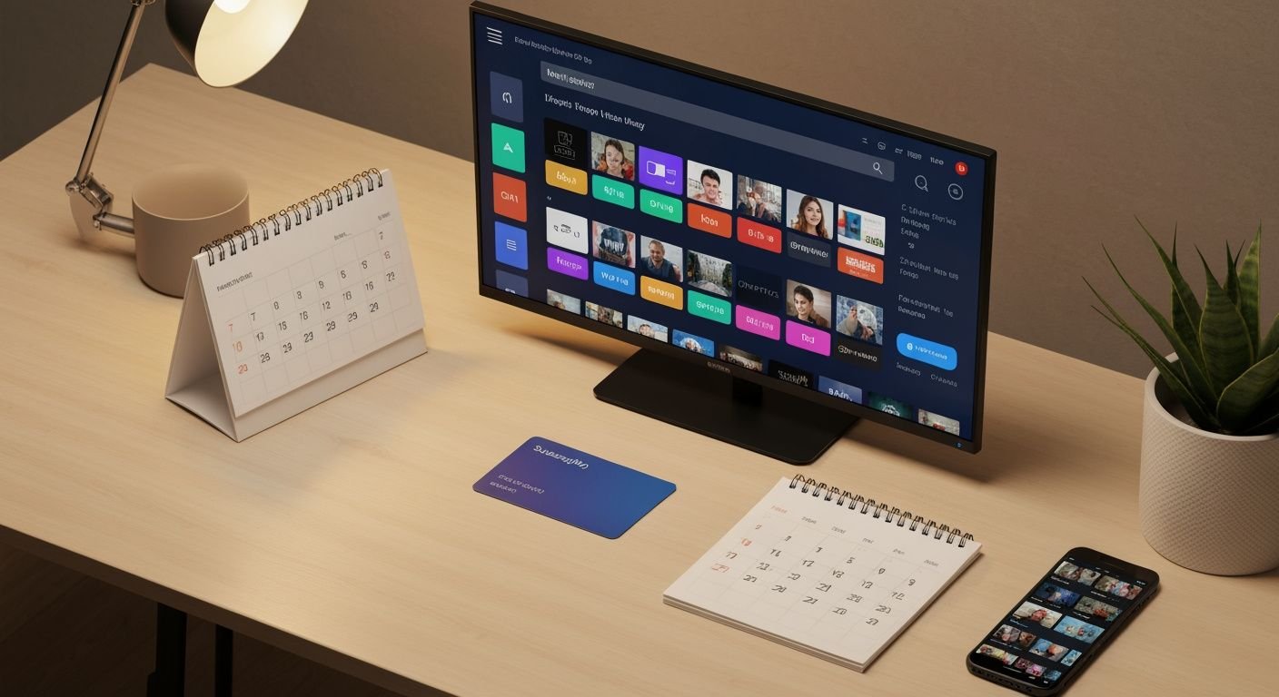 Télévision moderne affichant une interface de streaming avec calendrier 12 mois et carte d'abonnement annuel