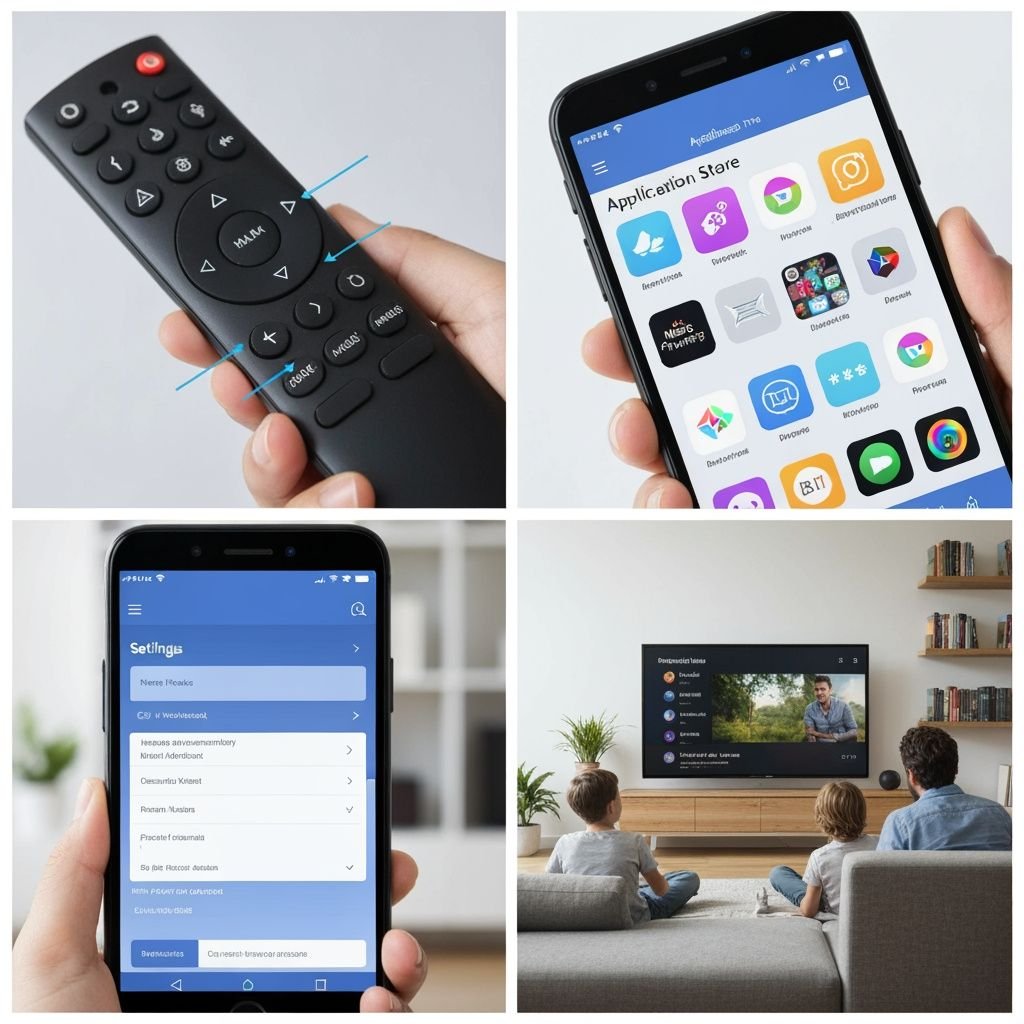 Quatre étapes d'installation IPTV : télécommande, app store, paramètres TV et expérience de visionnage en famille