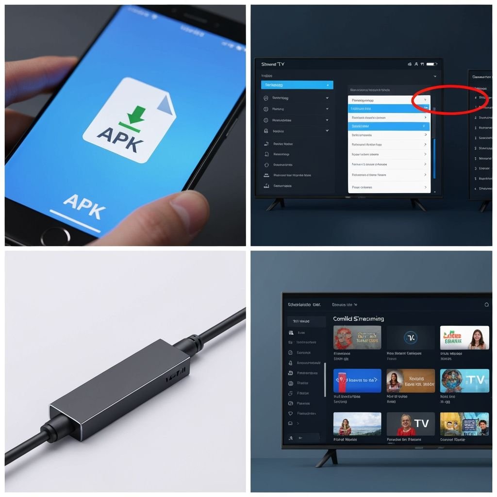 Guide d'installation en quatre étapes : téléchargement APK, paramètres TV, connexion appareil, interface streaming active