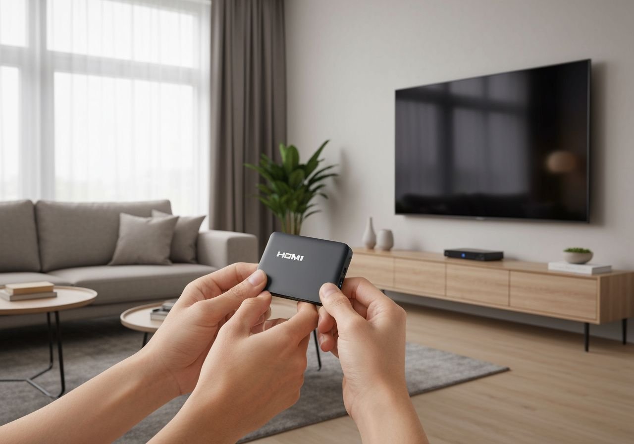 Installation physique d'un appareil de streaming dans le port HDMI d'une télévision moderne