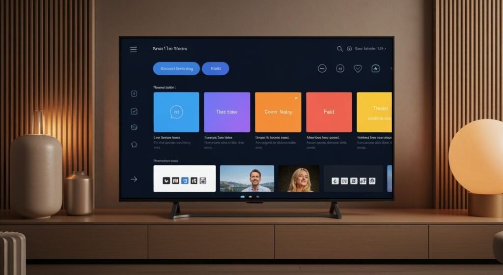 Téléviseur intelligent affichant une interface de streaming moderne avec tuiles de contenu colorées et menu de navigation