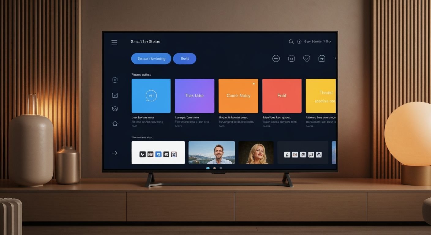 Téléviseur intelligent affichant une interface de streaming moderne avec tuiles de contenu colorées et menu de navigation