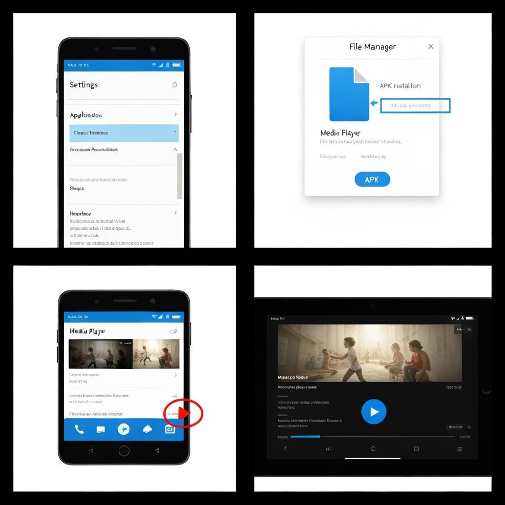 Quatre étapes d'installation d'une application IPTV : paramètres, fichier APK, lecteur et visionnage