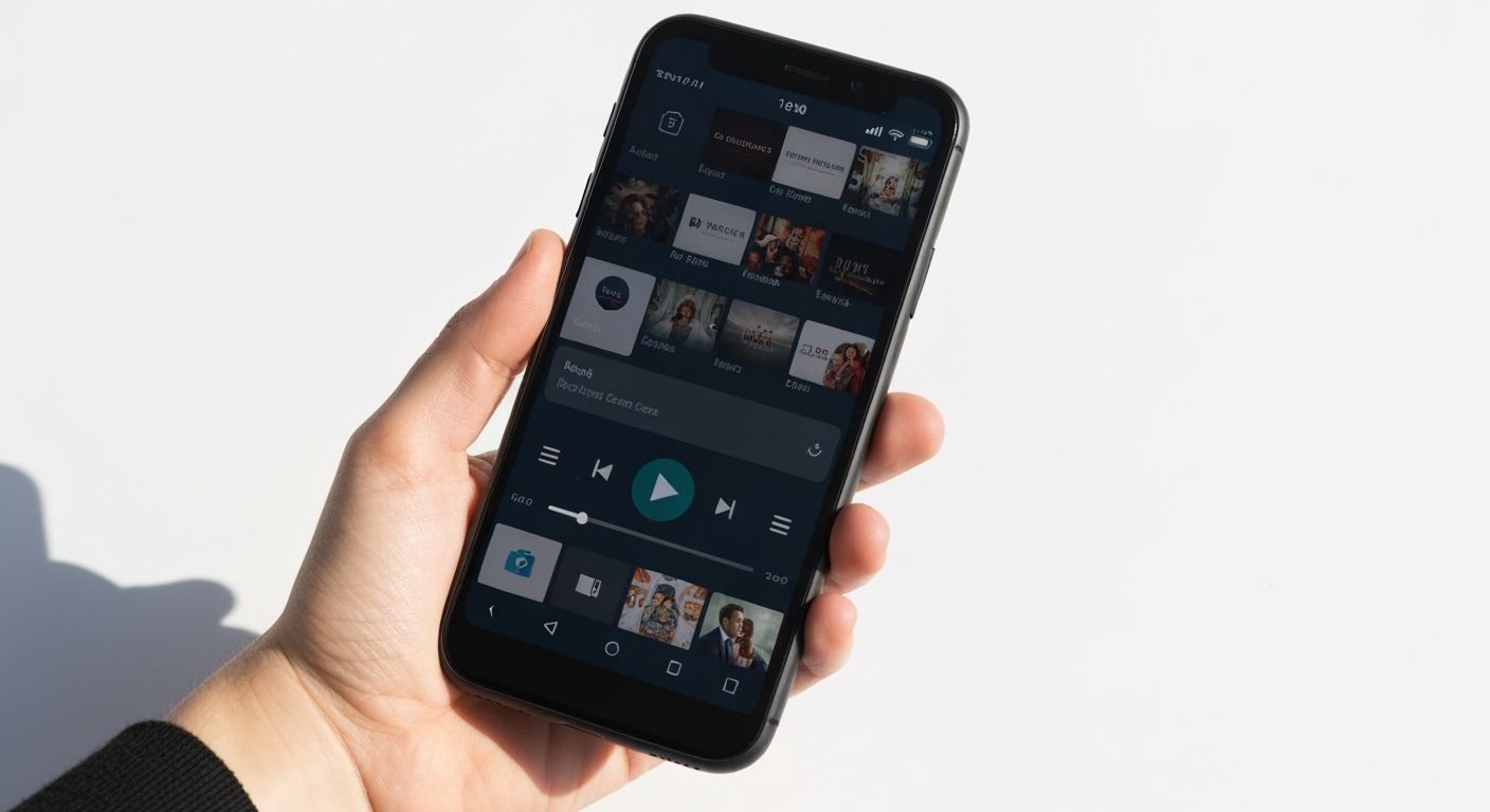 Smartphone Android affichant une interface de lecteur multimédia avec contenu en streaming
