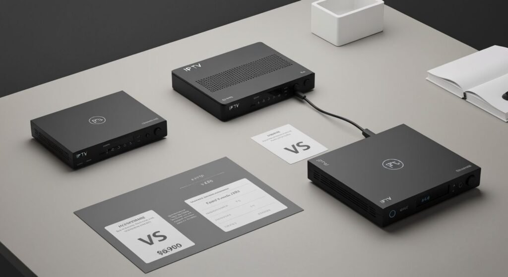 Trois boîtiers IPTV différents avec étiquettes de prix sur un bureau moderne