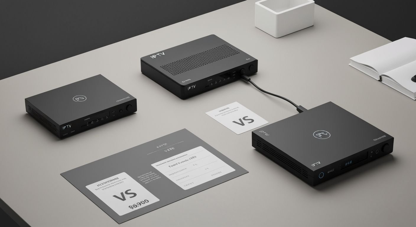 Trois boîtiers IPTV différents avec étiquettes de prix sur un bureau moderne