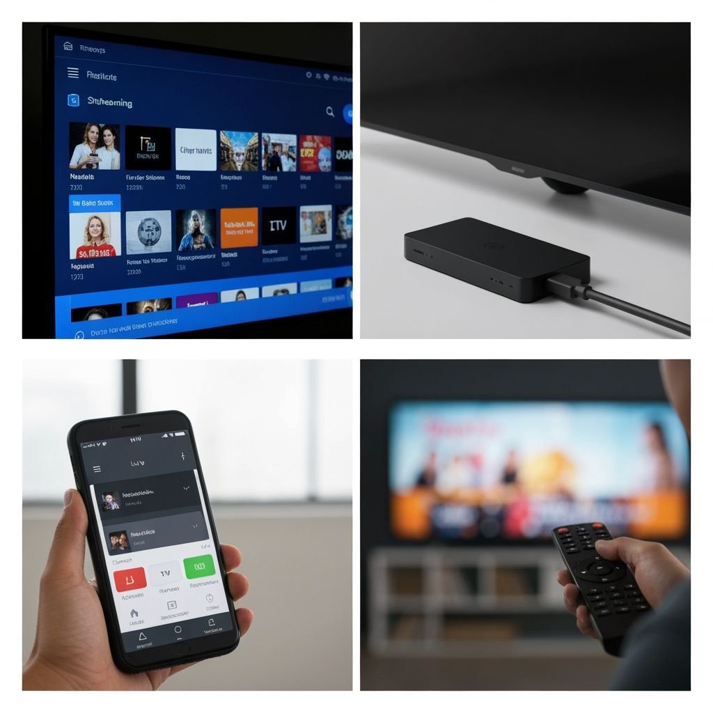 Quatre panneaux montrant : interface de streaming, appareil de lecture connecté, application mobile IPTV, et télécommande...