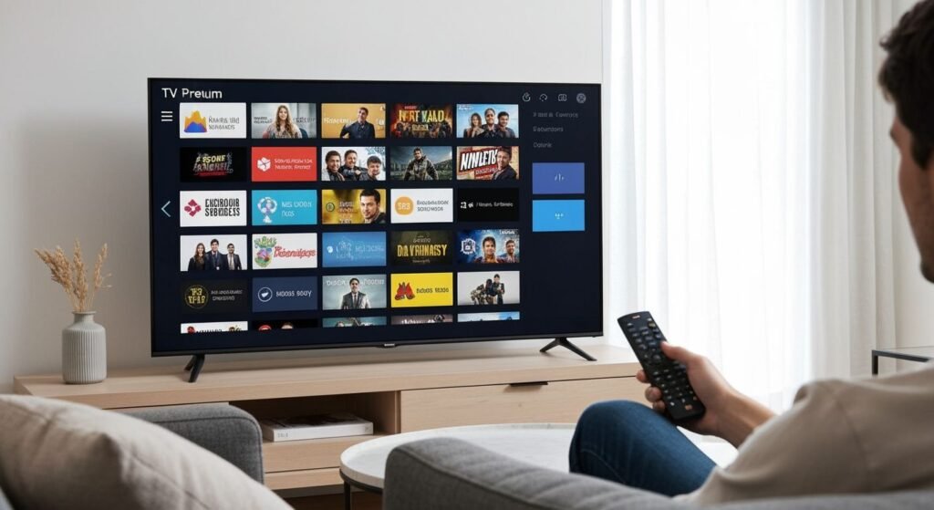 Téléviseur moderne affichant une interface de streaming avec chaînes TV et contenu divers dans un salon contemporain.