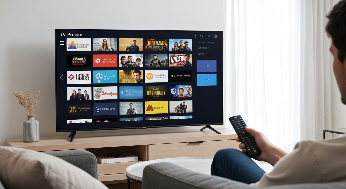 Téléviseur moderne affichant une interface de streaming avec chaînes TV et contenu divers dans un salon contemporain.