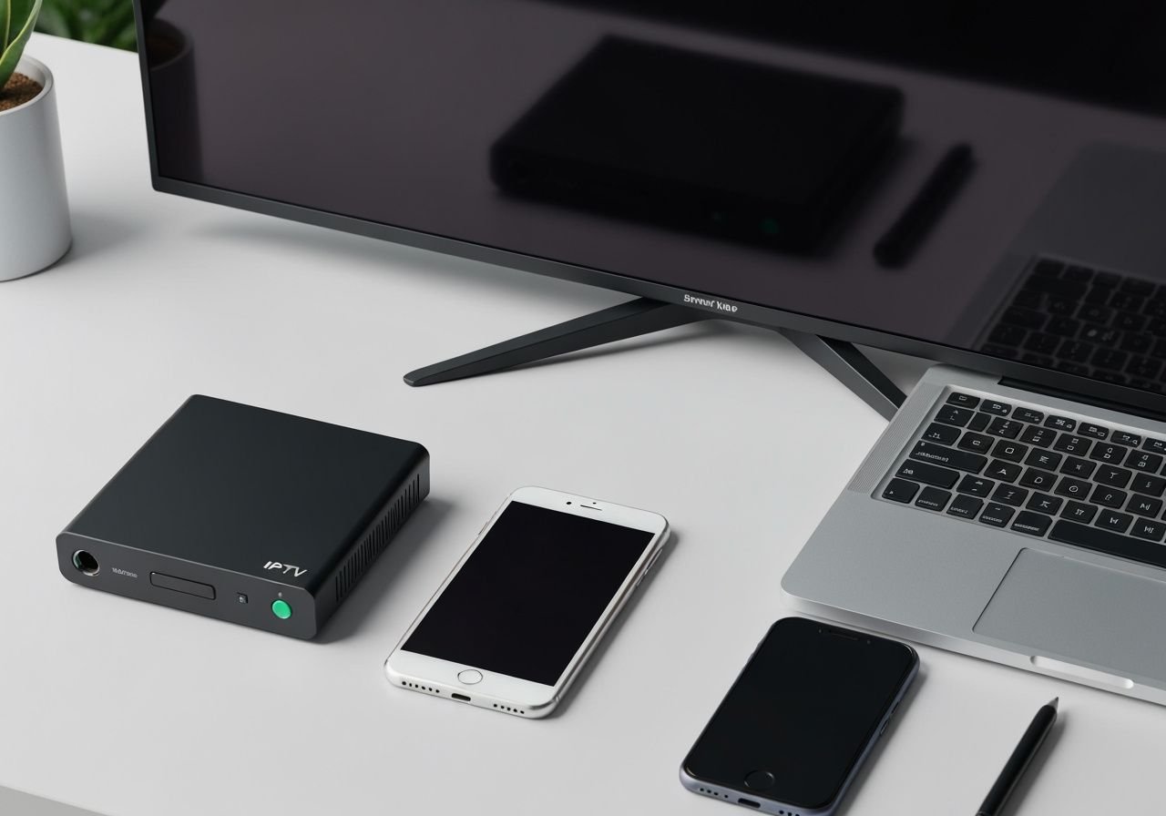 Plusieurs appareils compatibles IPTV : boîtier média, smartphone, tablette et ordinateur portable avec Smart TV.