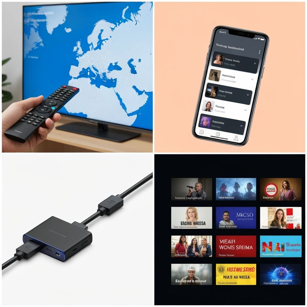 Quatre étapes : télécommande, application mobile, appareil streaming, et chaînes européennes
