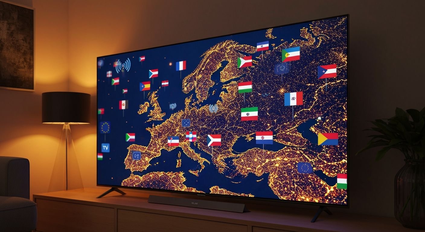 Téléviseur affichant une carte d'Europe avec signaux de diffusion et chaînes internationales