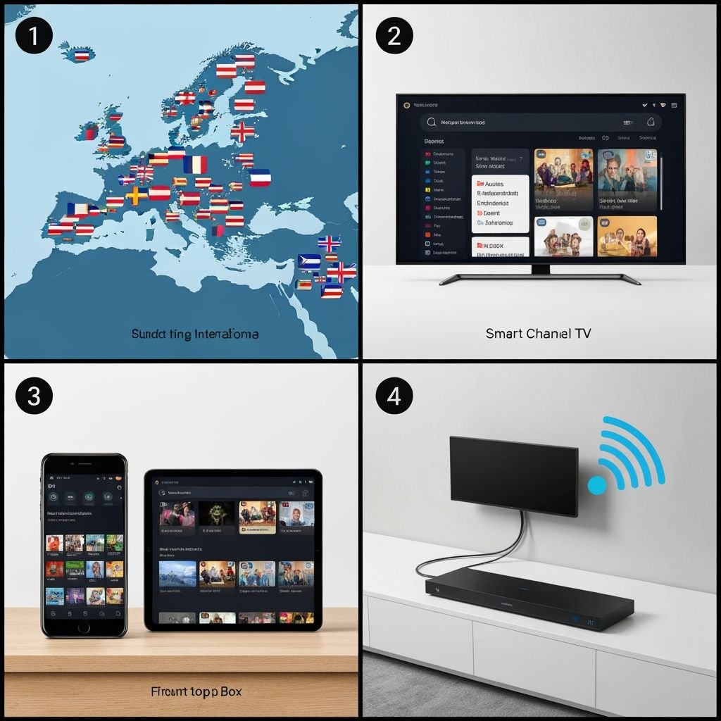 Quatre panneaux montrant carte Europe, TV intelligente, appareils mobiles et boîtier de streaming pour accès IPTV européen.