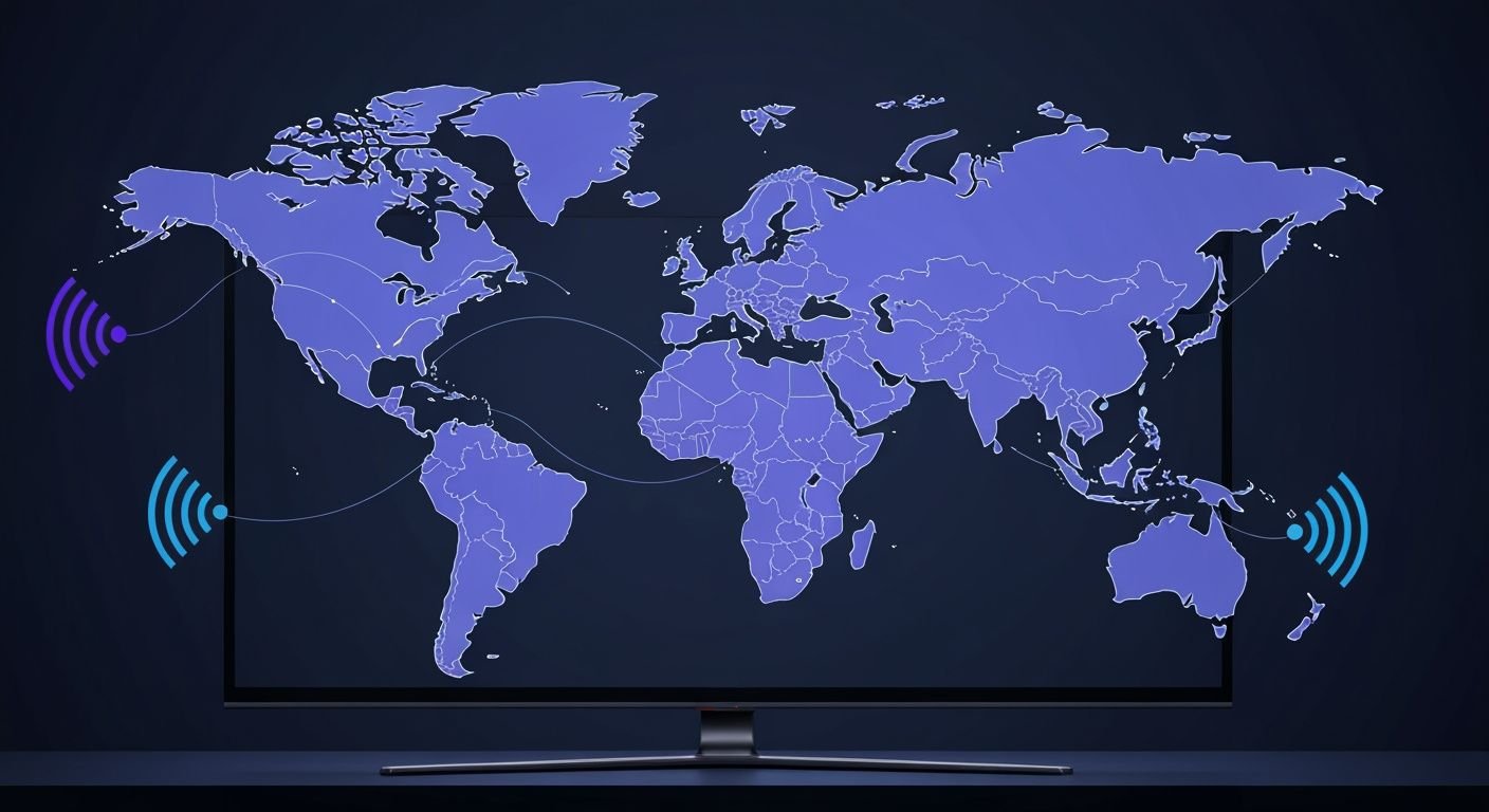 Carte d'Europe avec signaux de streaming et interface de chaînes multilingues sur écran de télévision moderne.