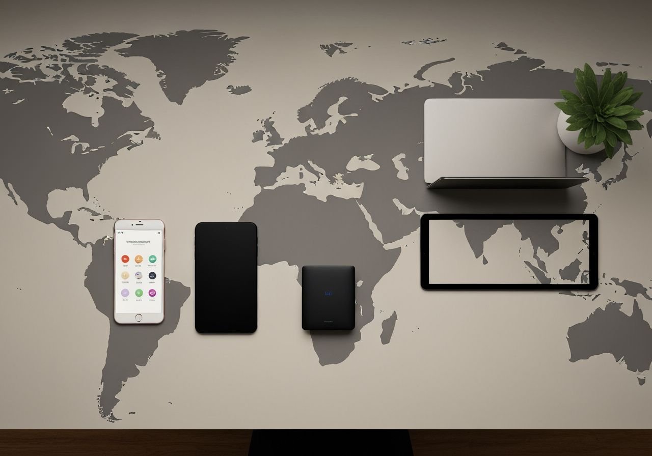 Plusieurs appareils connectés affichant contenu international avec fond de carte Europe pour streaming multilingue.