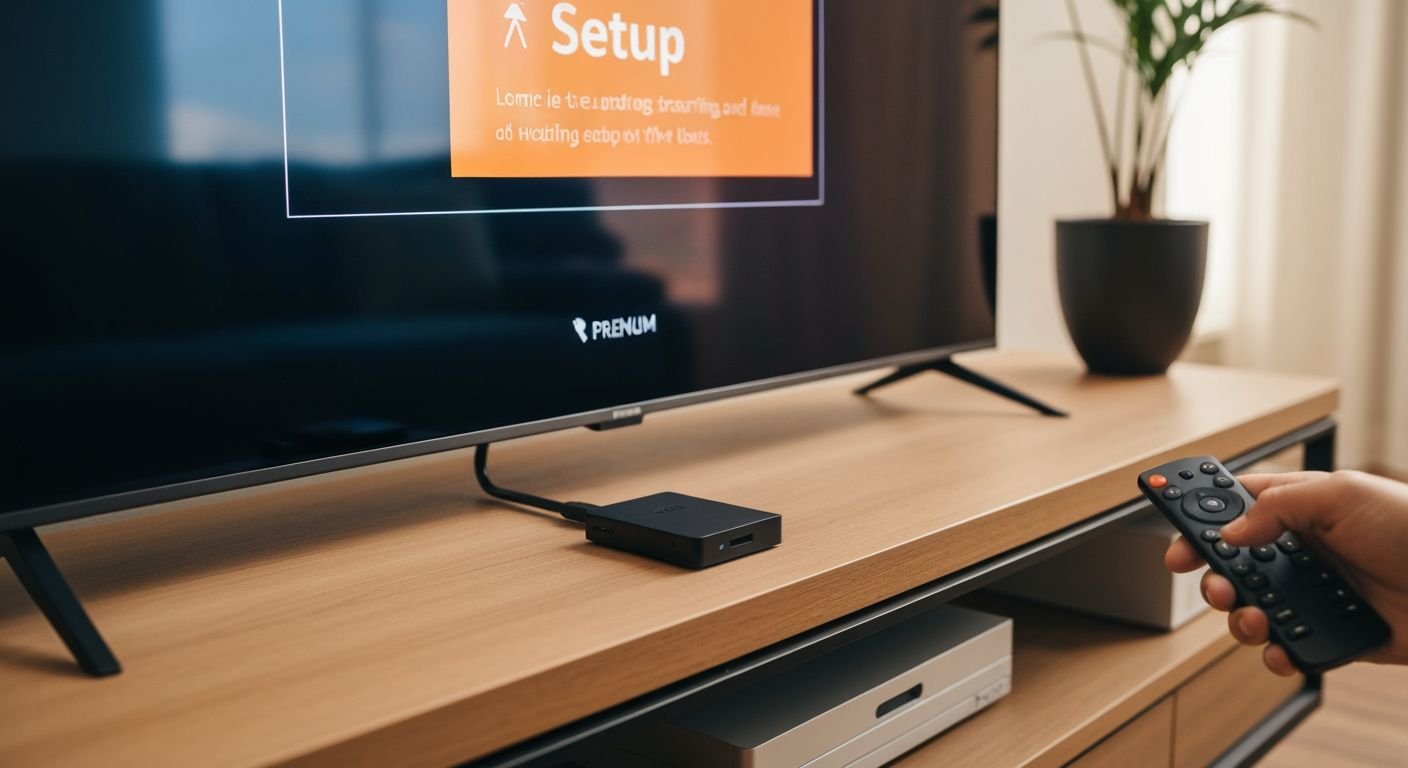 Appareil de streaming compact connecté à un téléviseur moderne dans un salon avec télécommande