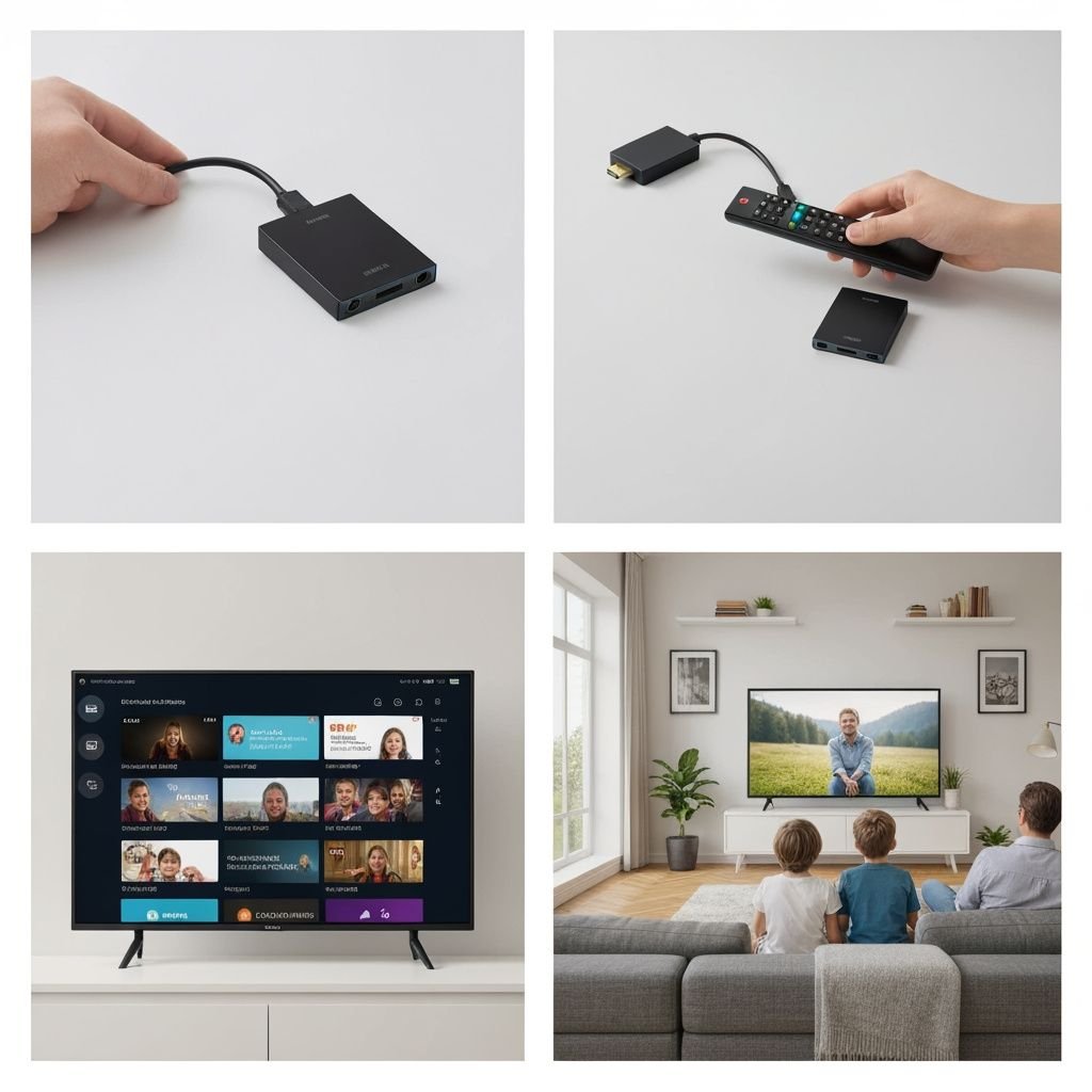 Guide d'installation en 4 étapes : déballage, connexion HDMI, interface de streaming, et visionnage en famille