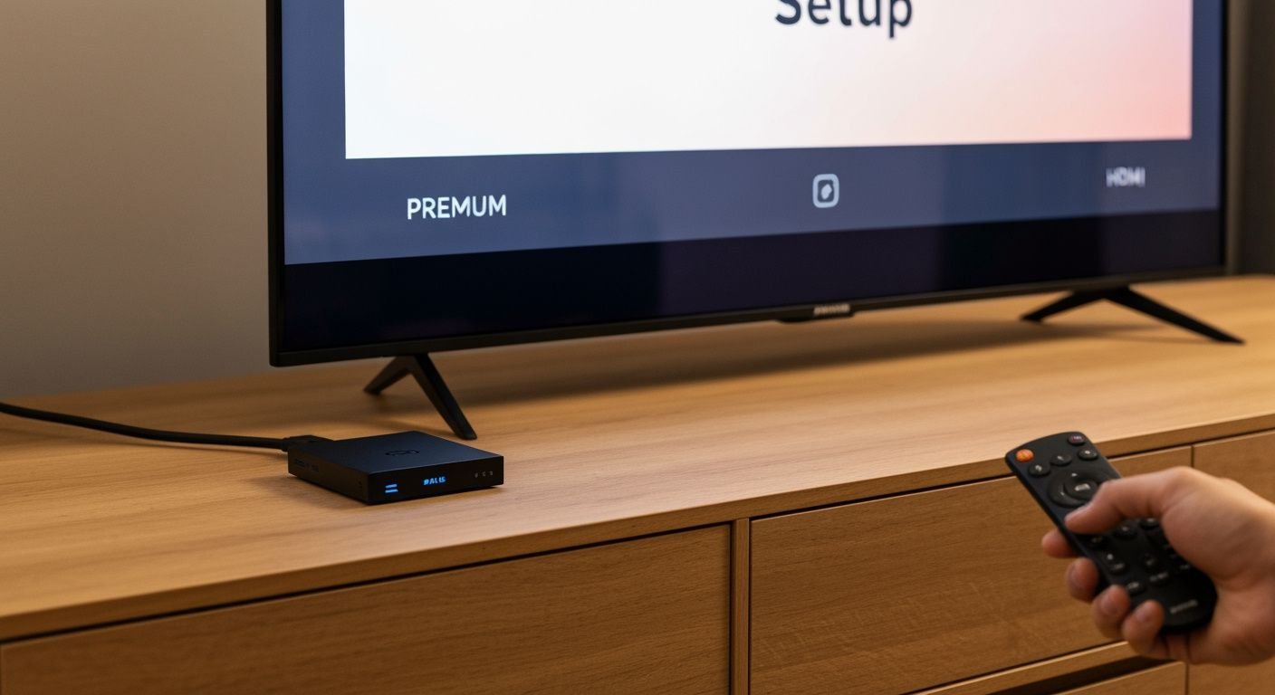 Appareil de streaming compact connecté à une TV moderne avec télécommande, prêt à diffuser du contenu