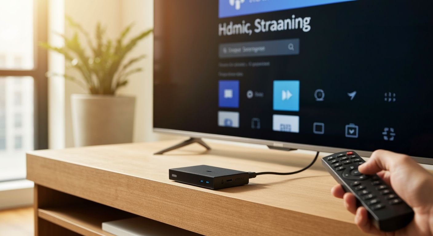 Appareil de streaming compact branché à une TV moderne avec interface de lecture vidéo affichée