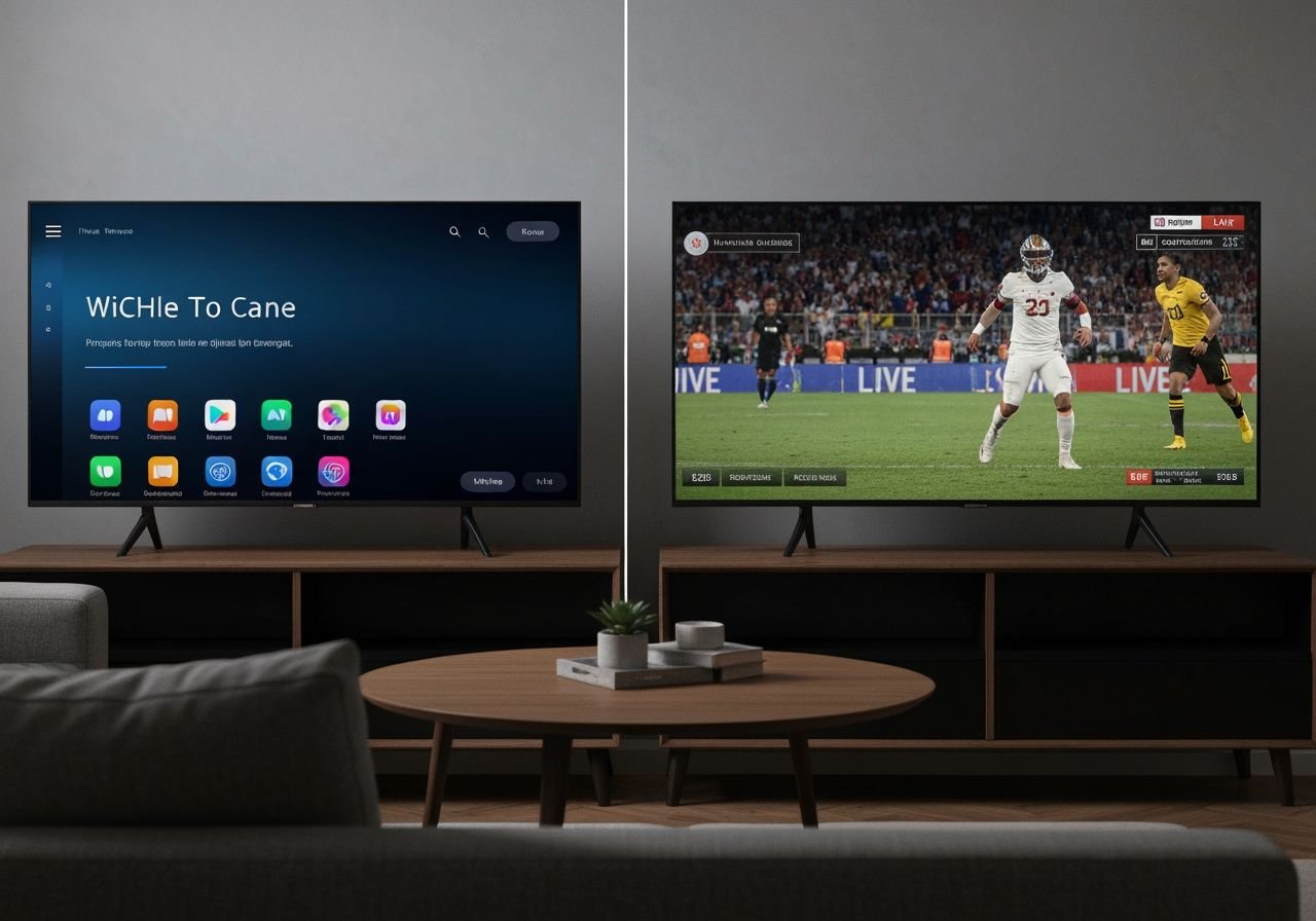 Comparaison d'écrans TV : interface d'application IPTV et diffusion sportive en direct côte à côte