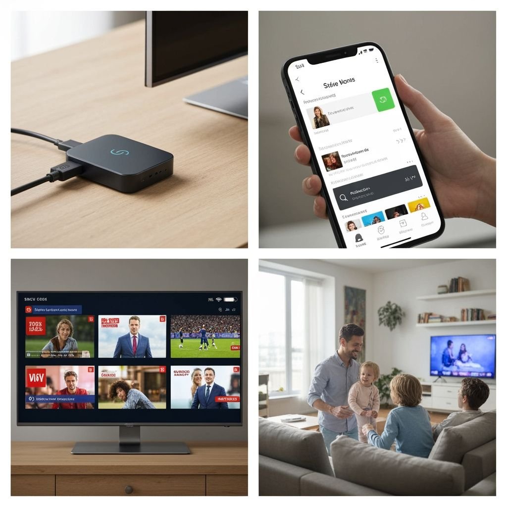 Quatre étapes : appareil de streaming, application mobile, contenu sportif et divertissement, famille regardant la TV.