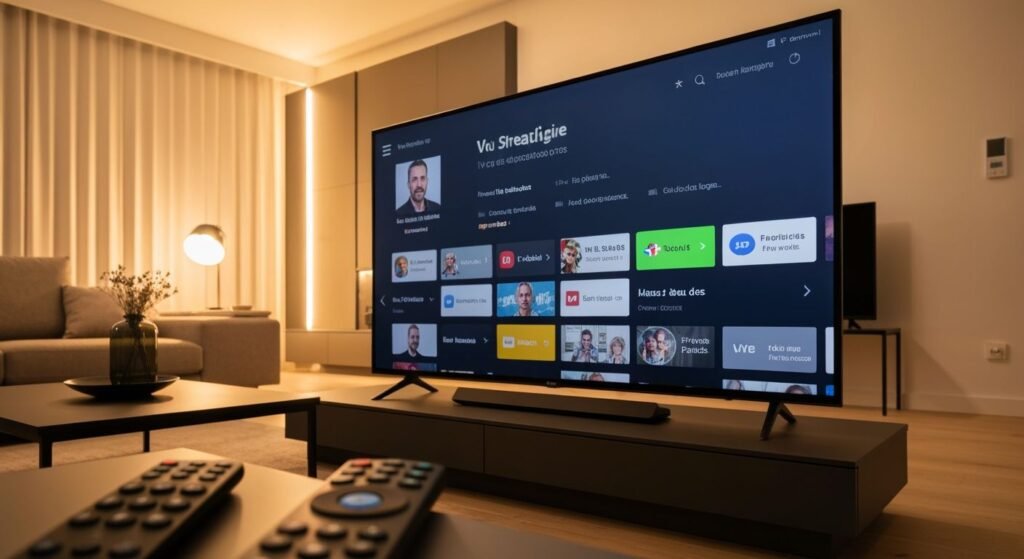 Téléviseur moderne affichant une interface de streaming avec chaînes françaises et contenu en direct.