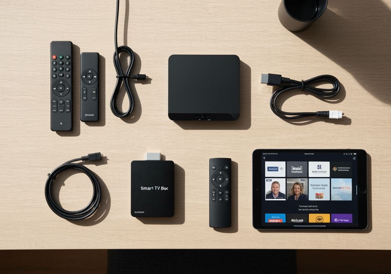 Comparaison de trois appareils de streaming avec câbles et télécommandes pour la configuration IPTV.