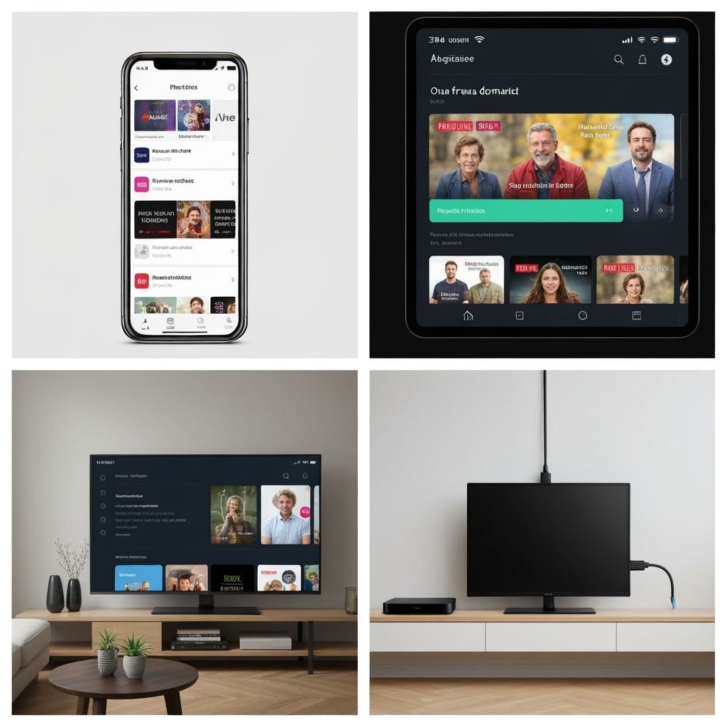 Quatre appareils différents : smartphone, tablette, Smart TV et boîtier média affichant du contenu IPTV français