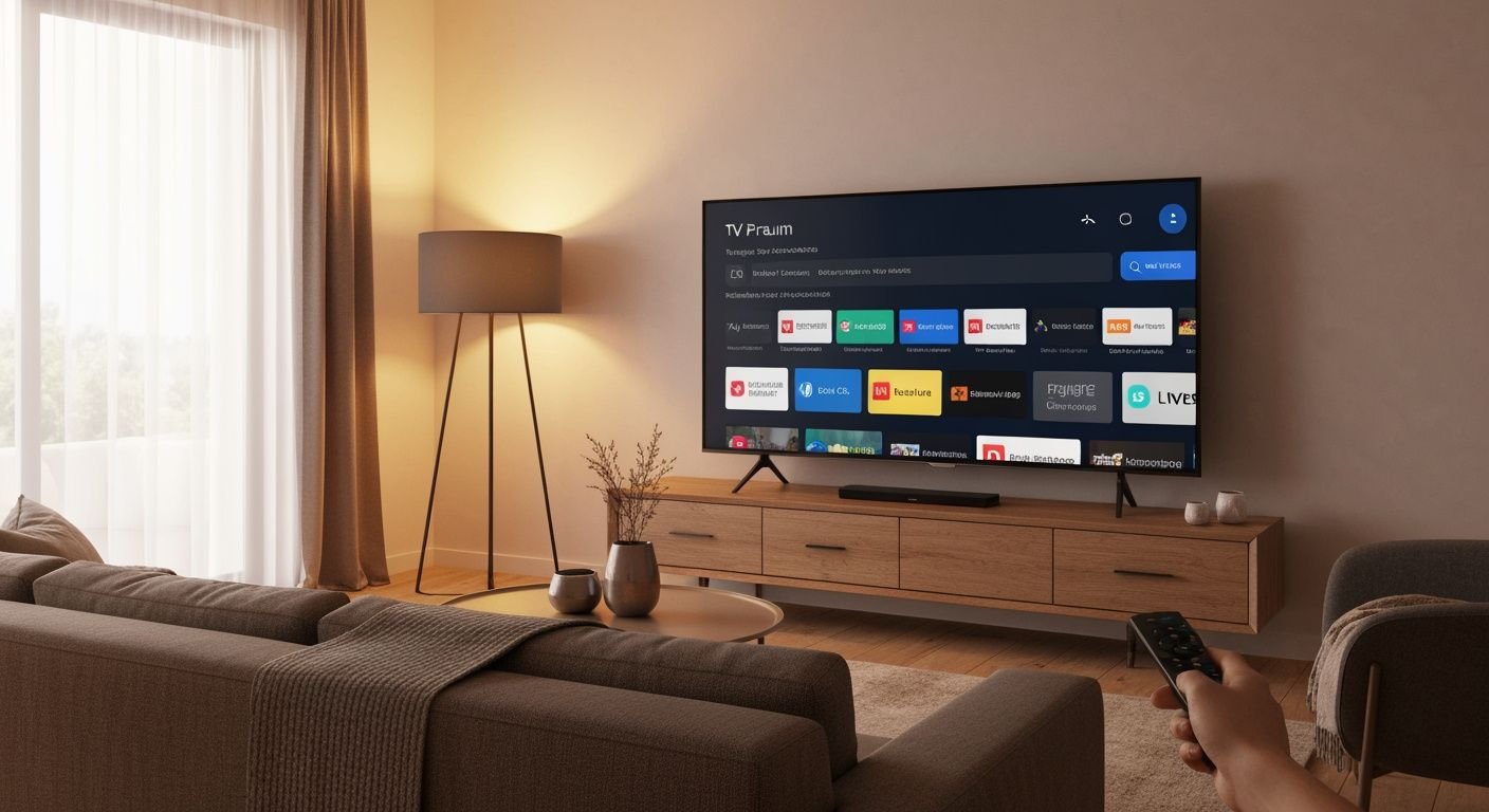 Salon moderne avec téléviseur affichant une interface de streaming avec chaînes françaises en direct