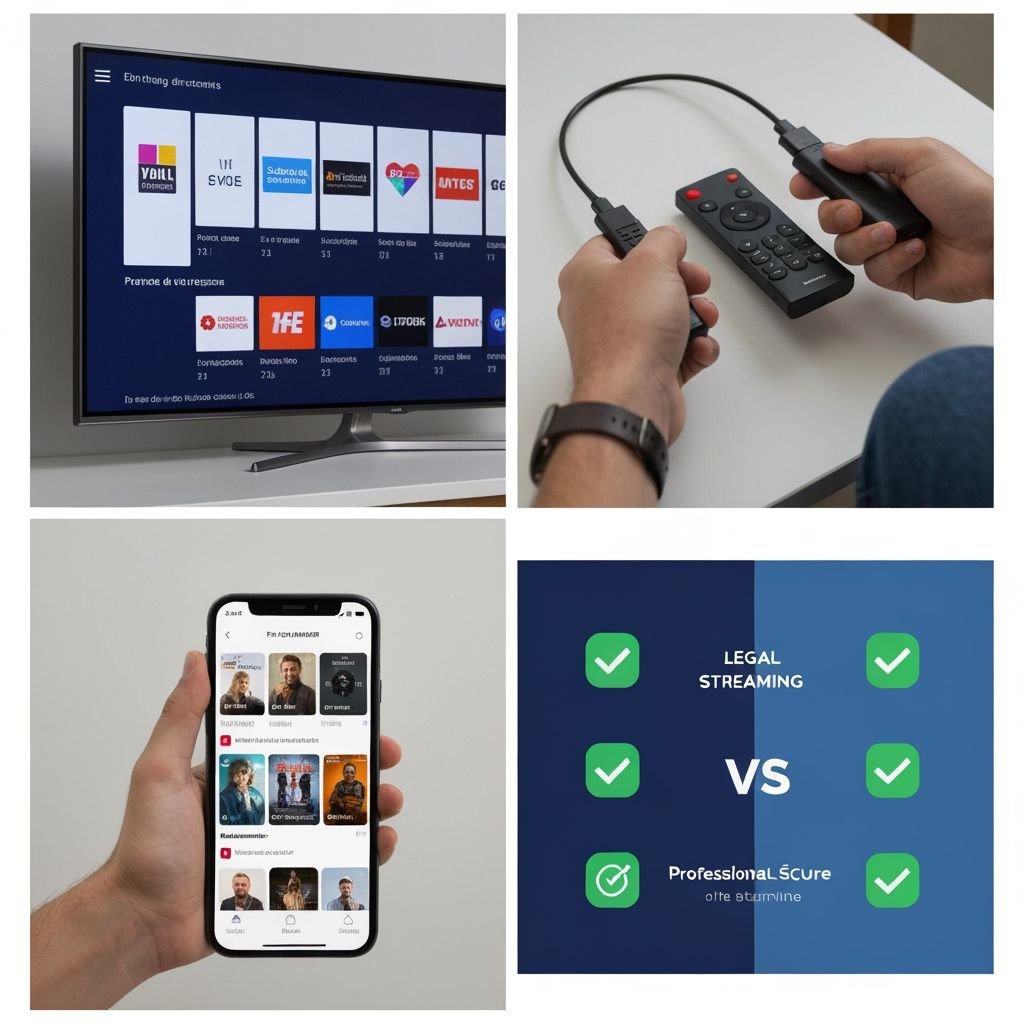 Quatre panneaux montrant : interface de streaming, appareil média connecté, application mobile, et comparaison légalité...