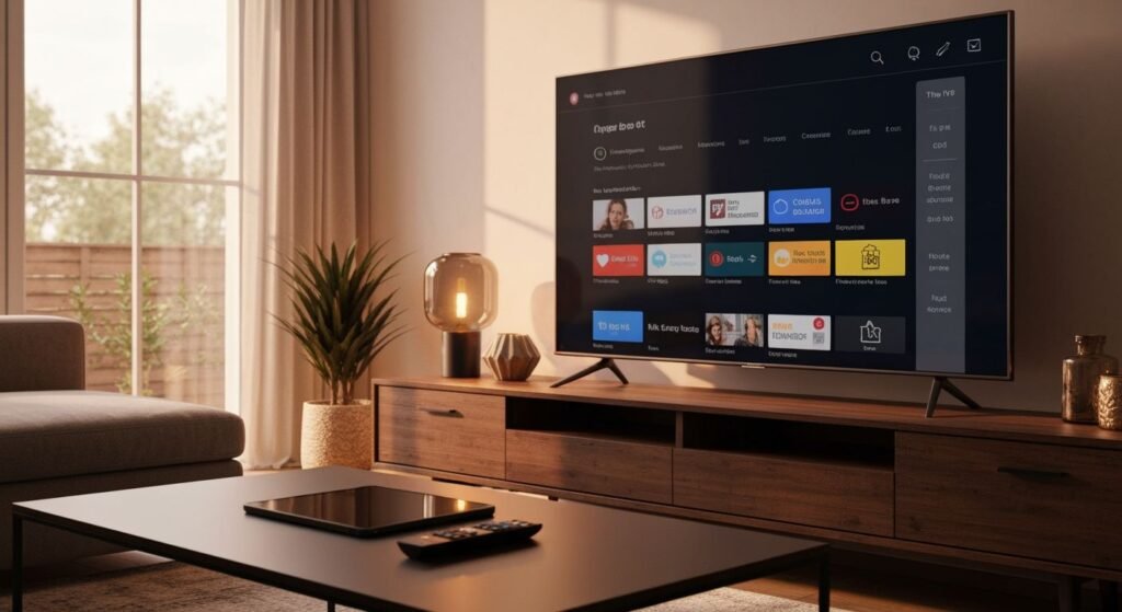 Téléviseur moderne affichant une interface de streaming avec chaînes TV françaises en direct dans un salon