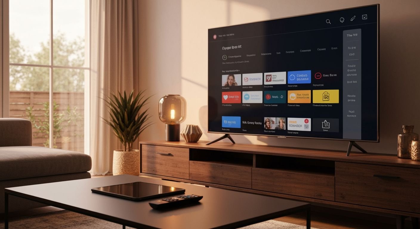 Téléviseur moderne affichant une interface de streaming avec chaînes TV françaises en direct dans un salon