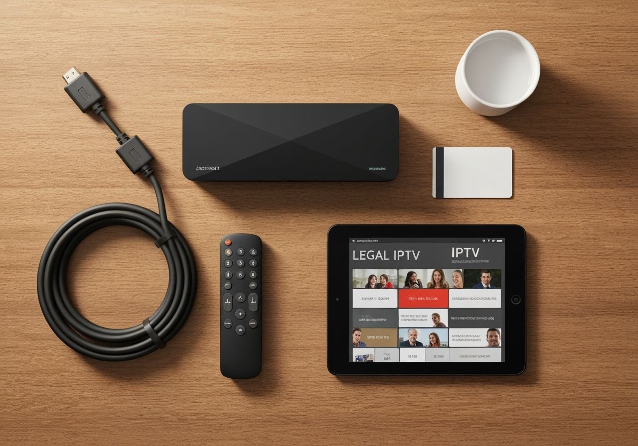 Composants d'une installation IPTV légale : boîtier, câbles, télécommande et carte d'abonnement