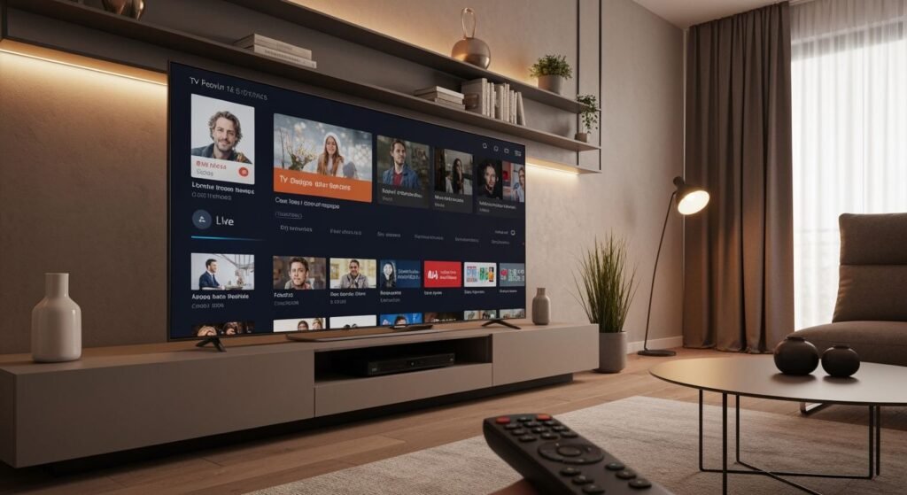 Téléviseur moderne affichant une interface de streaming avec chaînes françaises en direct dans un salon contemporain.
