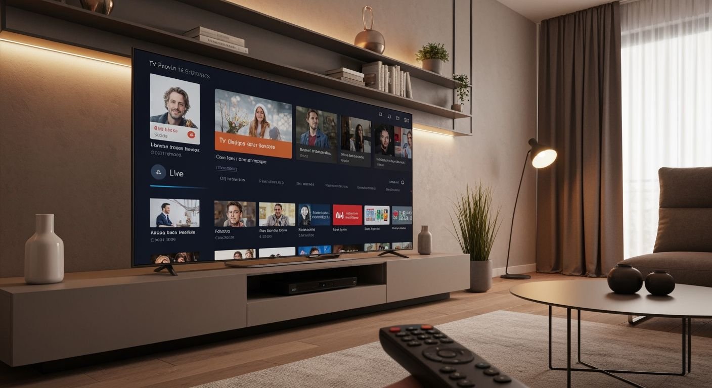 Téléviseur moderne affichant une interface de streaming avec chaînes françaises en direct dans un salon contemporain.