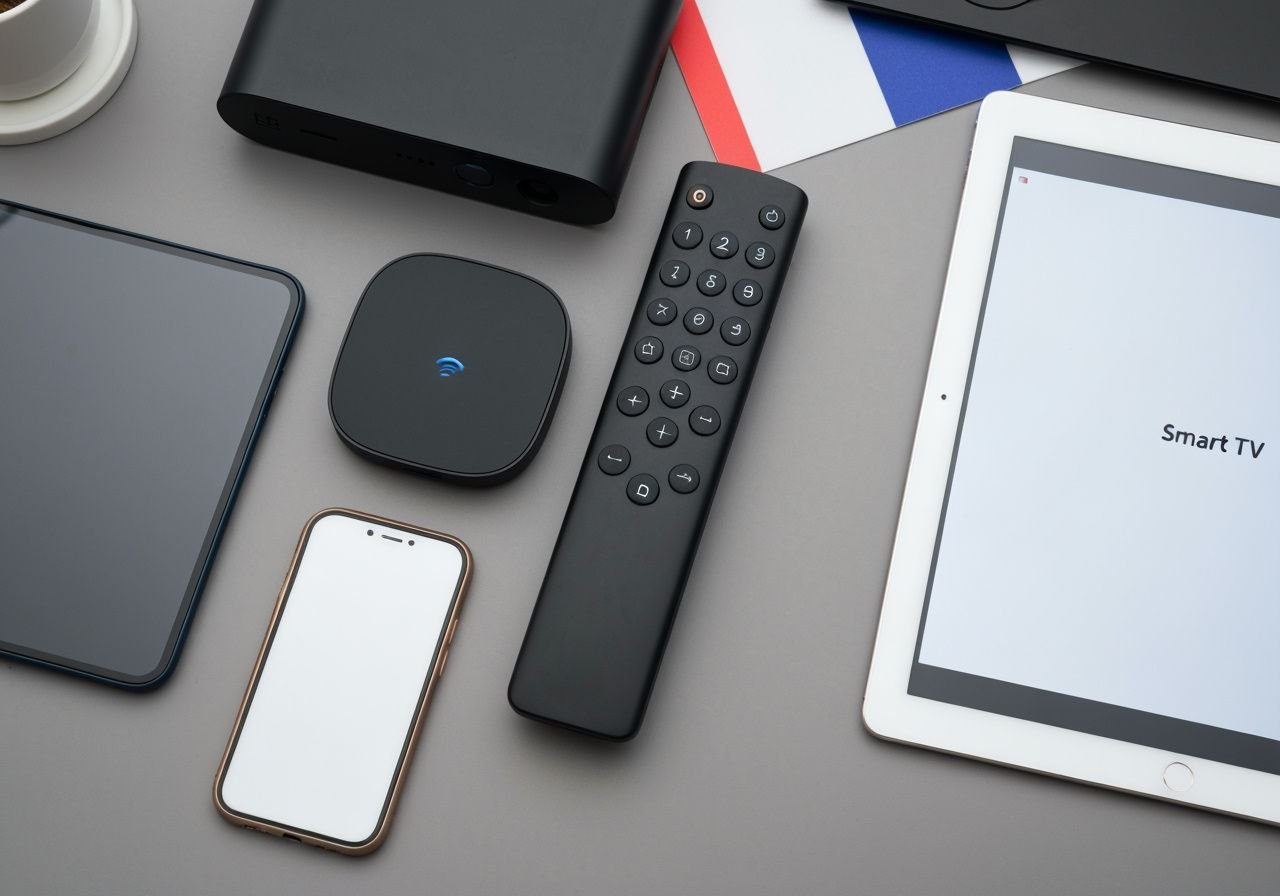 Écosystème de périphériques compatibles IPTV : téléviseur, appareil média, smartphone et tablette sur un bureau.
