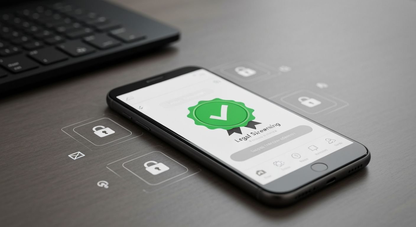 Smartphone Android affichant une application IPTV légale avec badge de sécurité vert et cadenas.