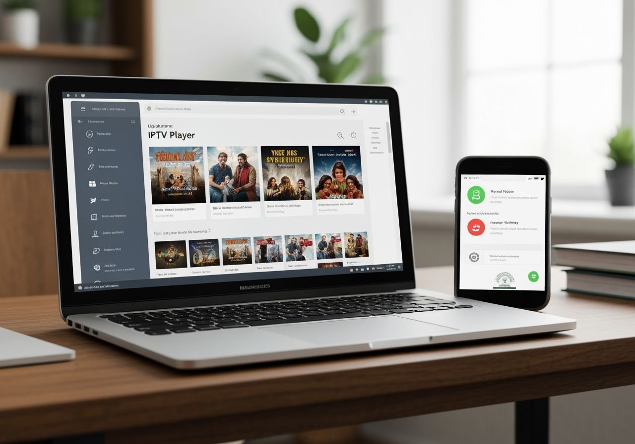Ordinateur et téléphone montrant une application IPTV légitime avec contenu légal certifié.