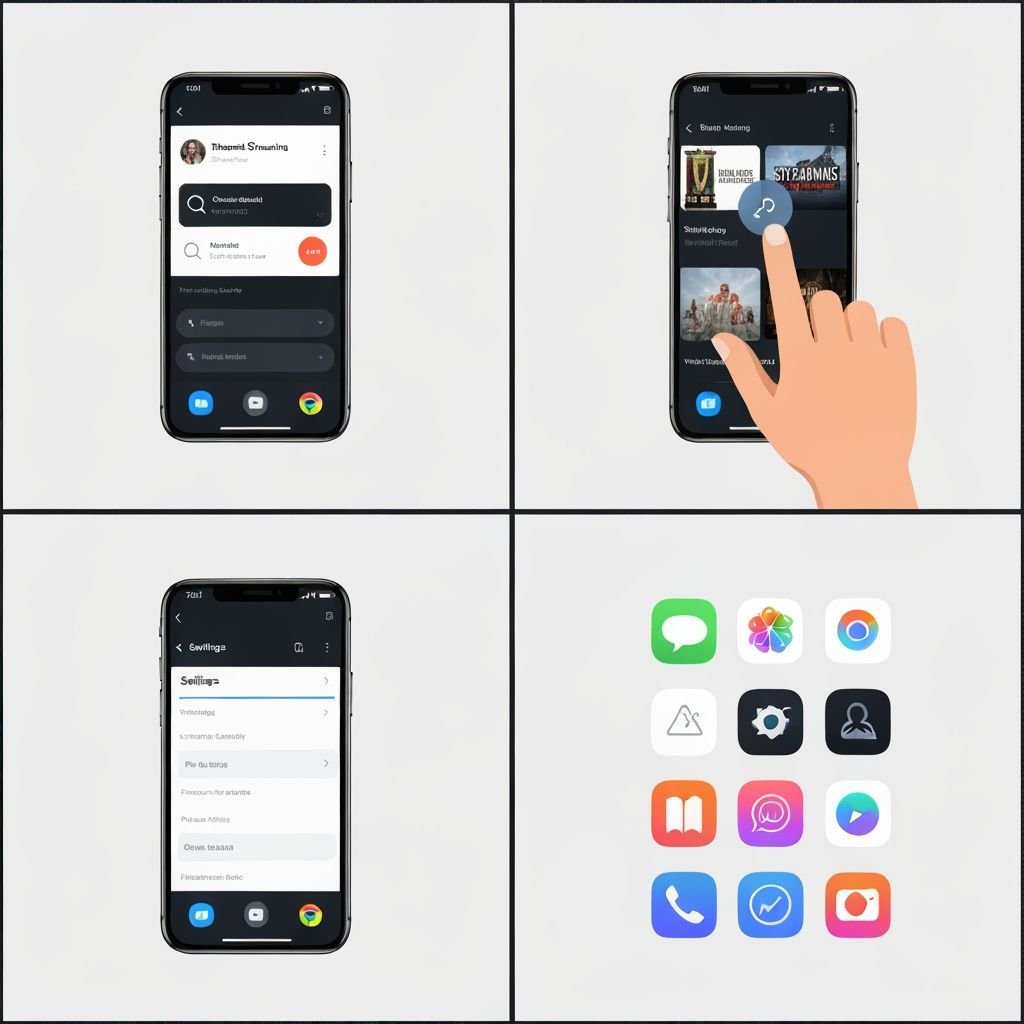 Quatre étapes d'utilisation d'une application IPTV sur iPhone : guide, sélection, paramètres et accueil