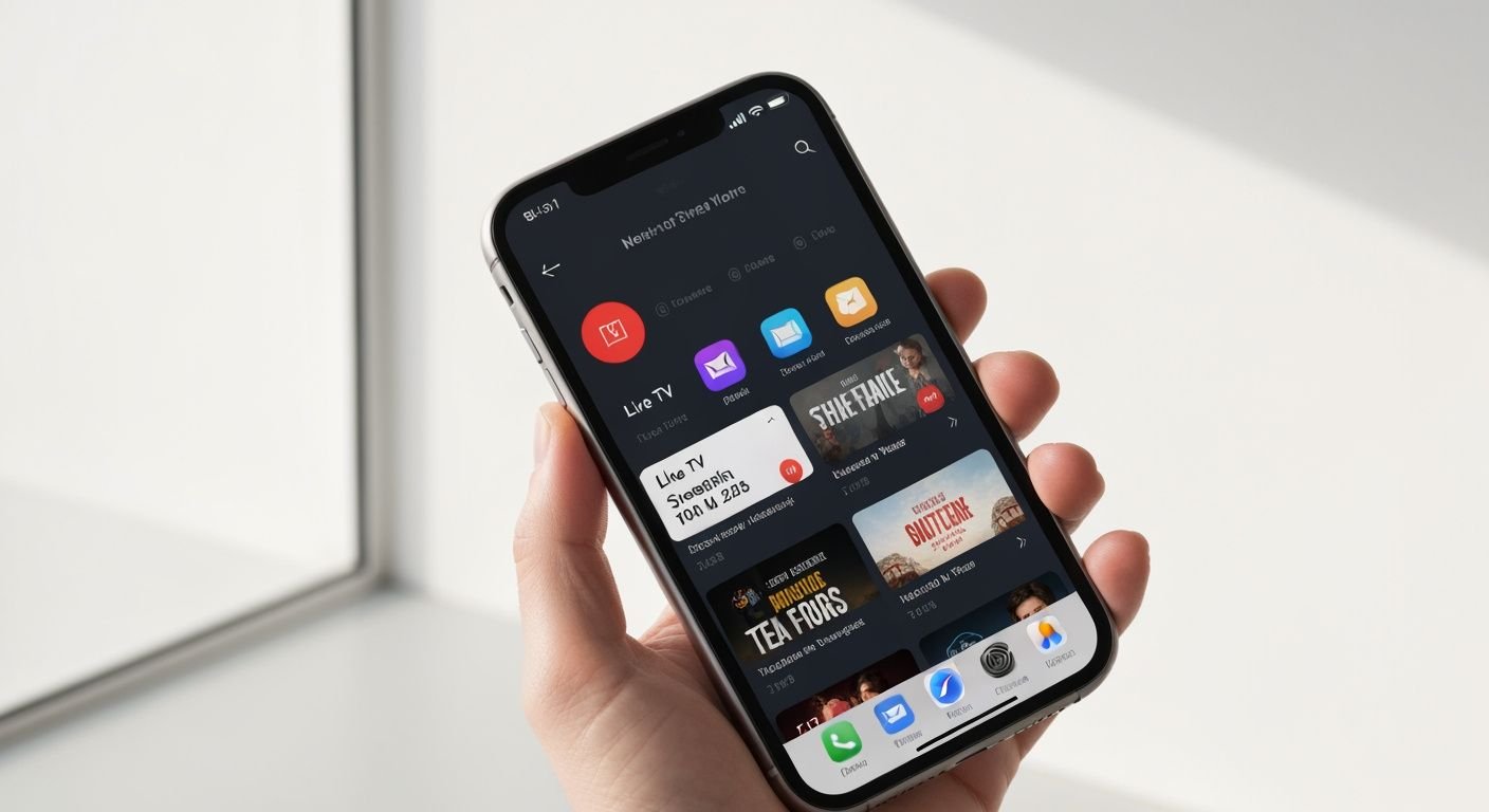 iPhone affichant une interface de streaming IPTV avec guide des chaînes et contenu
