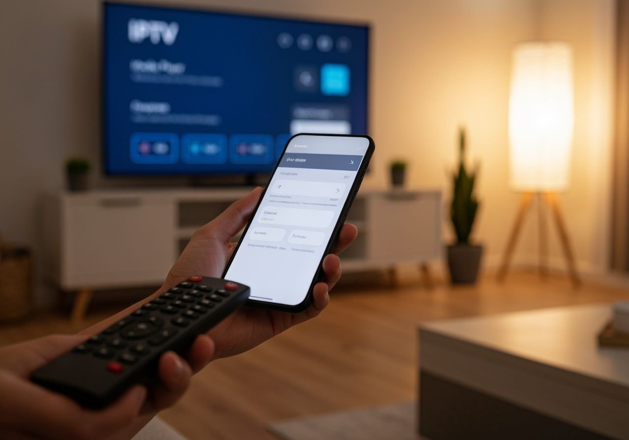 Configuration IPTV Iron TV Pro : smartphone et télécommande pour contrôler le lecteur