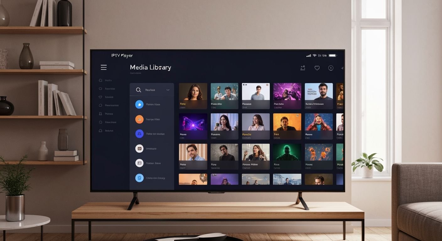 Interface d'un lecteur IPTV moderne affichée sur un téléviseur avec bibliothèque de chaînes organisée