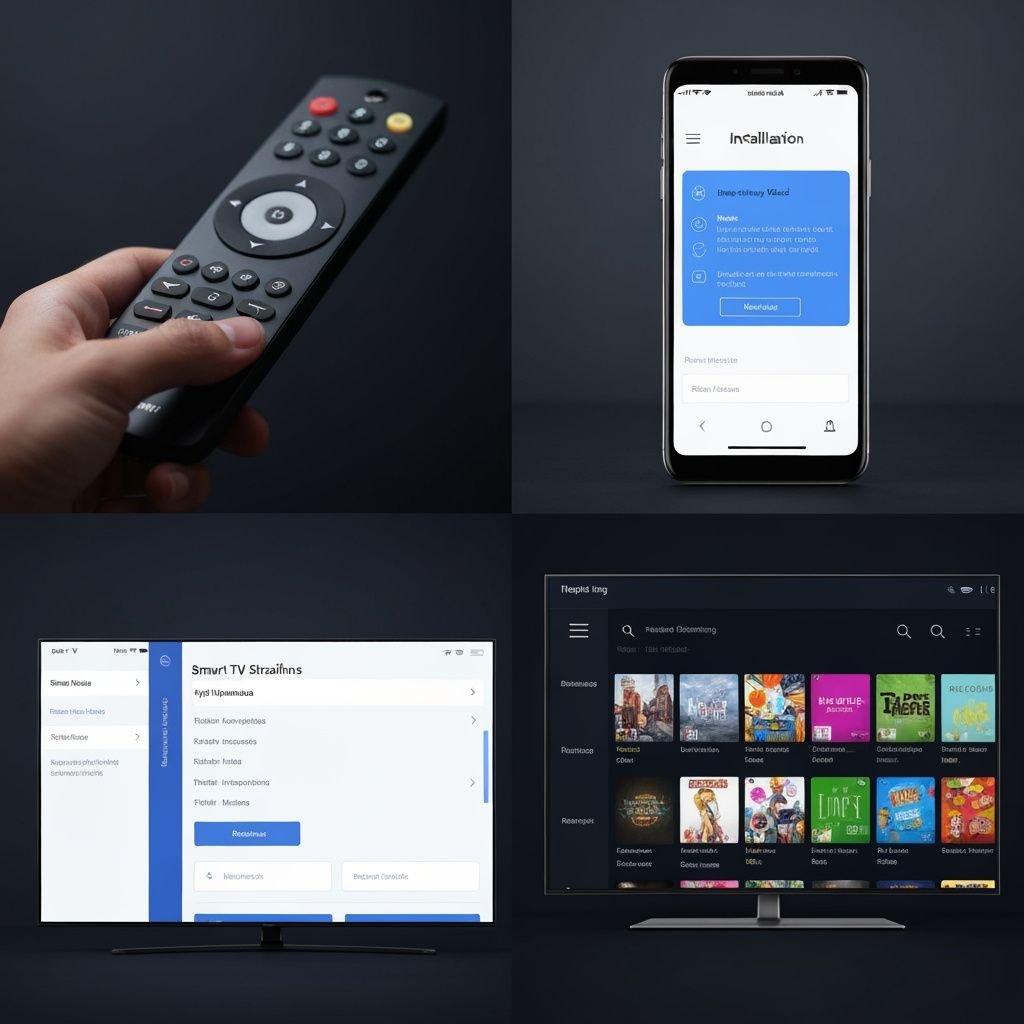 Quatre étapes d'installation IPTV : télécommande, guide mobile, paramètres système, et application active sur TV