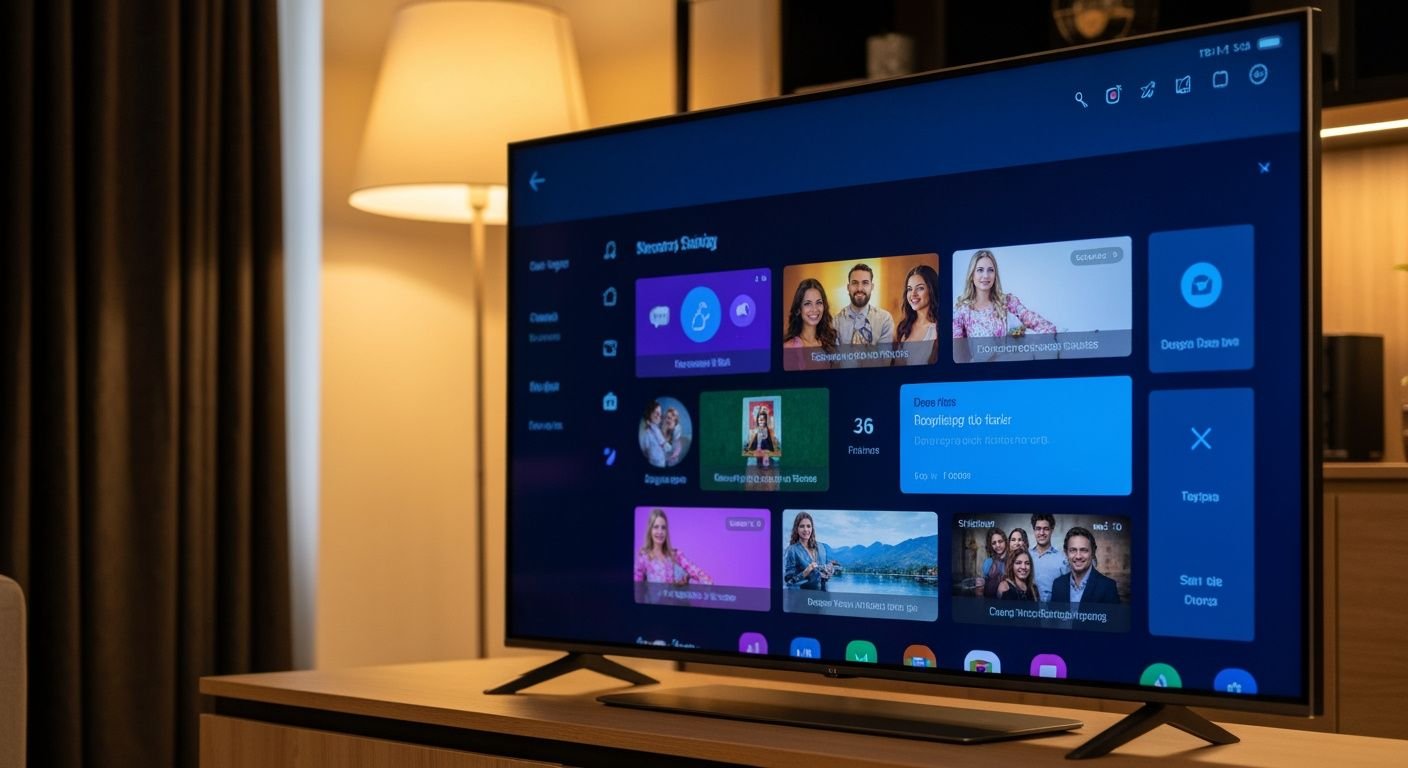 Téléviseur moderne affichant une interface de streaming avec tuiles de contenu colorées et menus de navigation